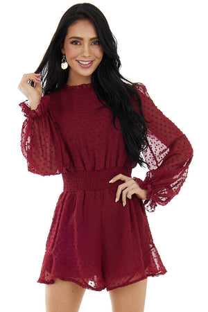 Burgundy Swiss Dot Long Puff Sleeve Romper