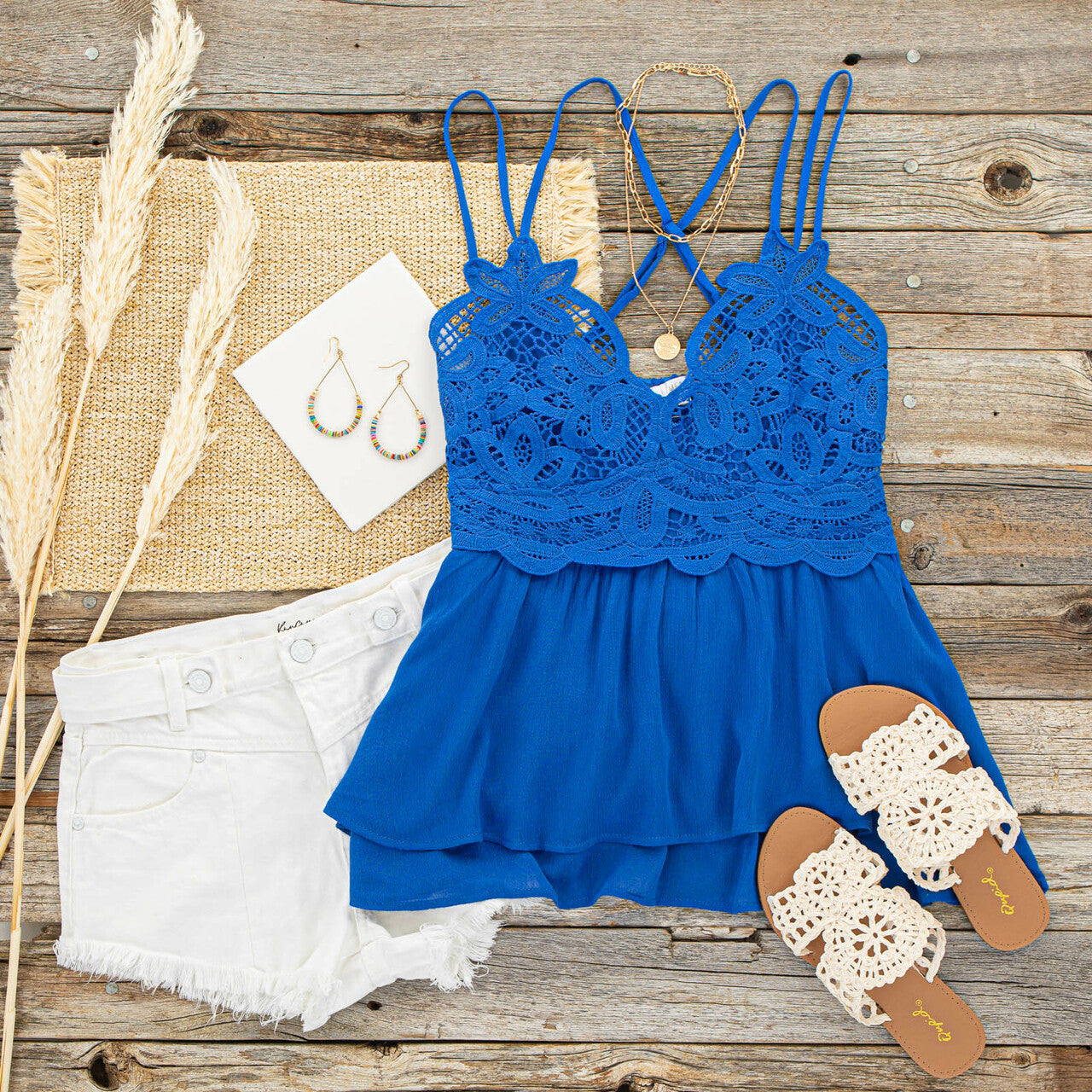 Royal Blue Babydoll Lace Ruffle Hem Blouse