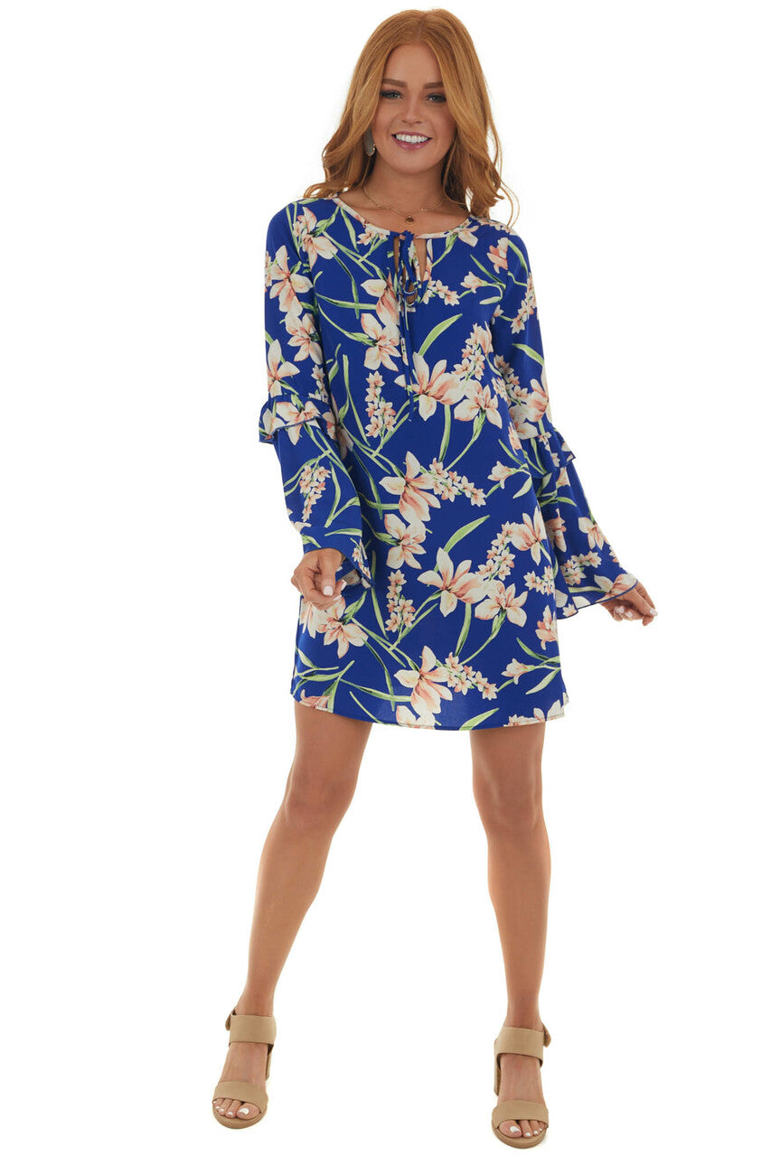 Royal Blue Floral Long Bell Sleeve Short Dress 