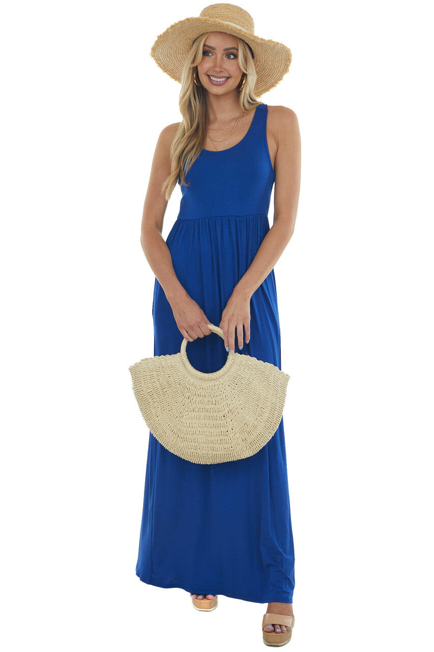 Royal Blue Sleeveless Babydoll Knit Maxi Dress