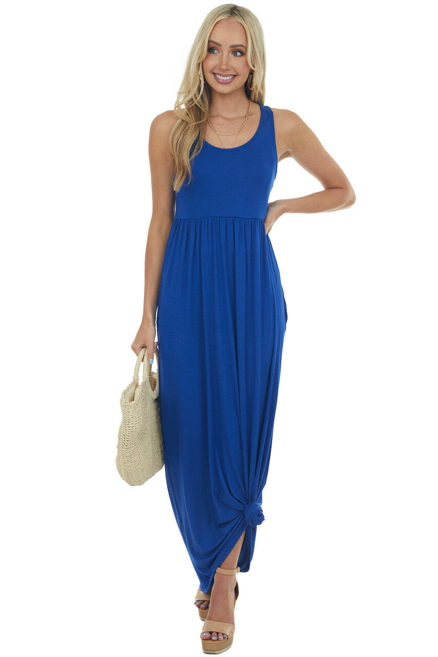Royal Blue Sleeveless Babydoll Knit Maxi Dress