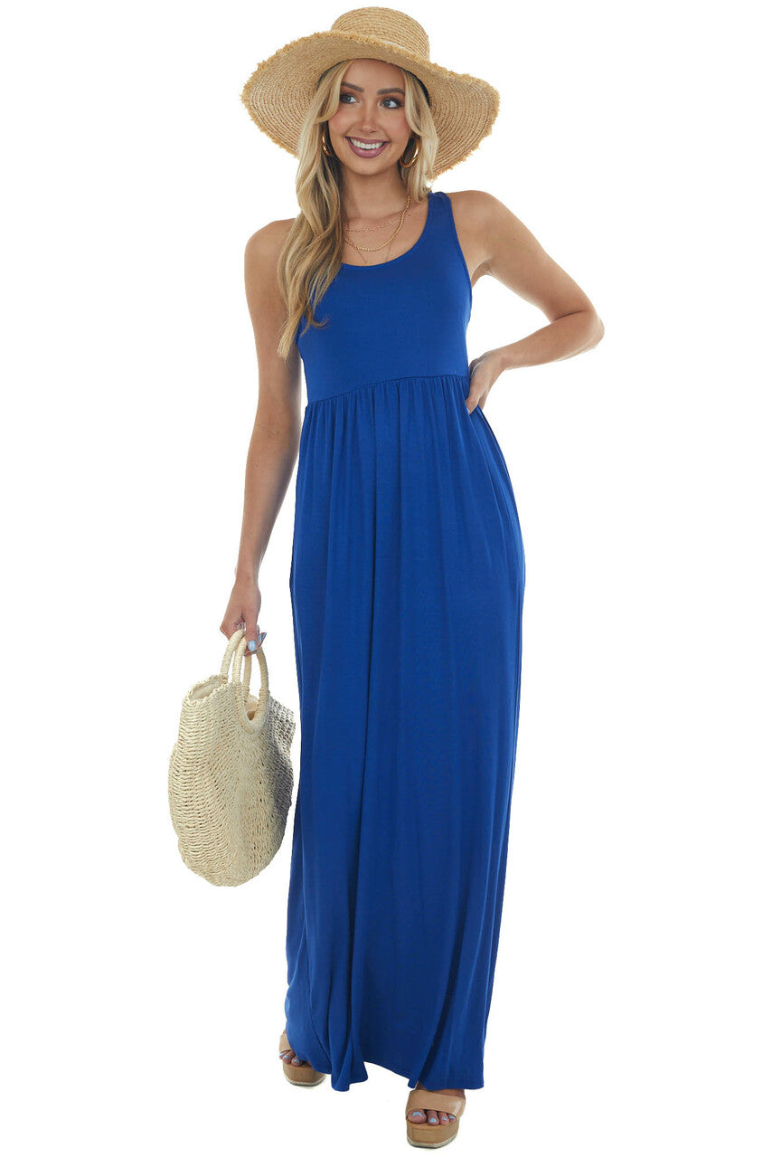 Royal Blue Sleeveless Babydoll Knit Maxi Dress