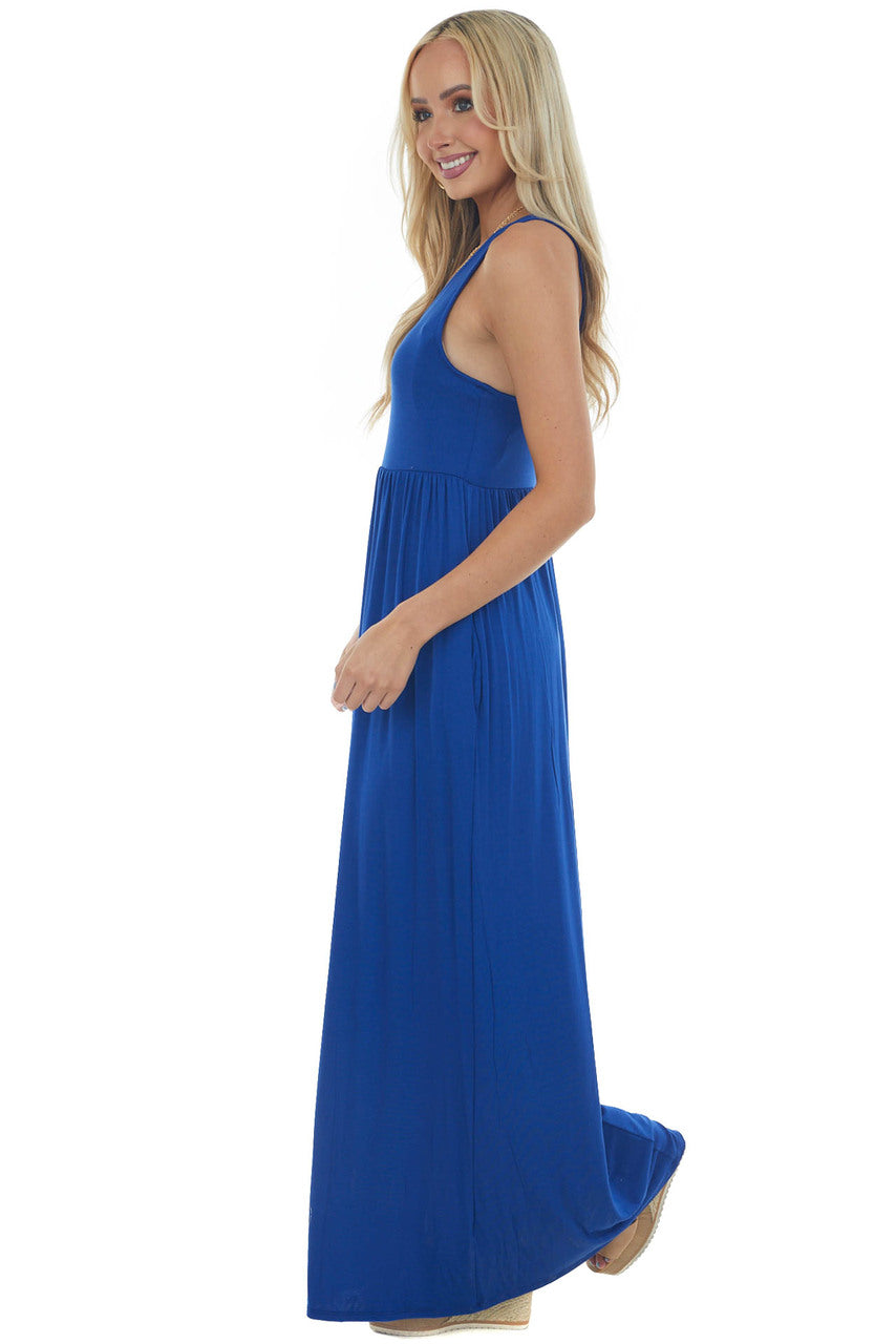 Royal Blue Sleeveless Babydoll Knit Maxi Dress