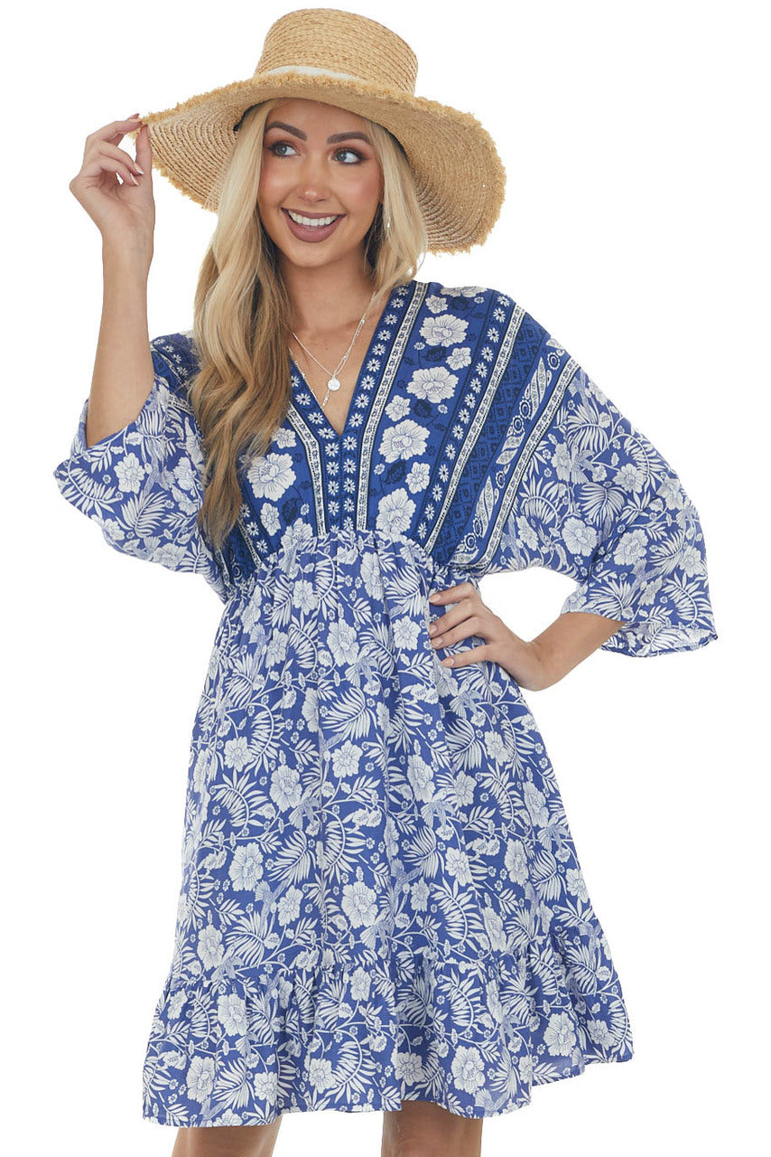 Royal Blue Tropical 3/4 Sleeve Back Tie Dress