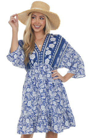 Royal Blue Tropical 3/4 Sleeve Back Tie Dress