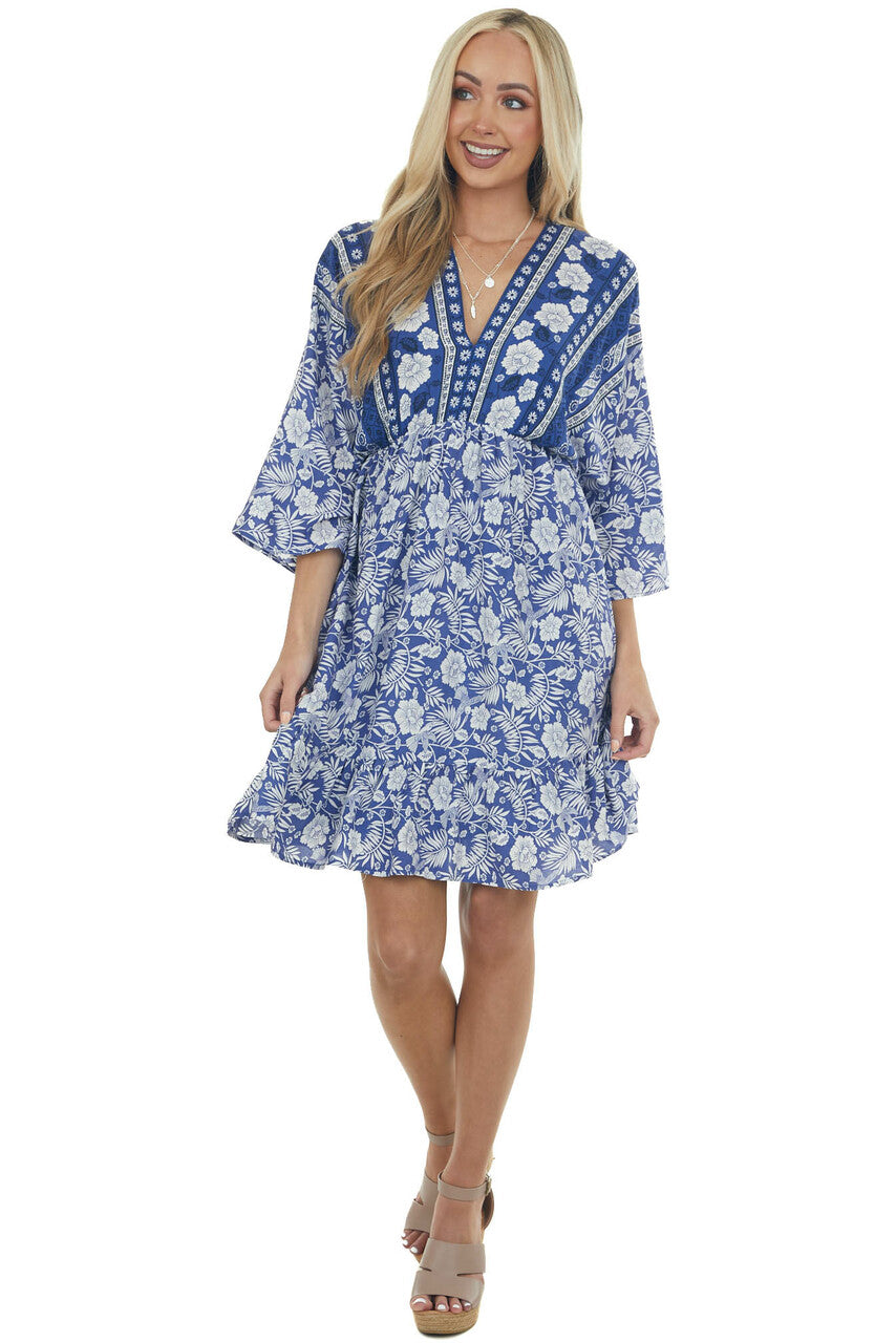Royal Blue Tropical 3/4 Sleeve Back Tie Dress