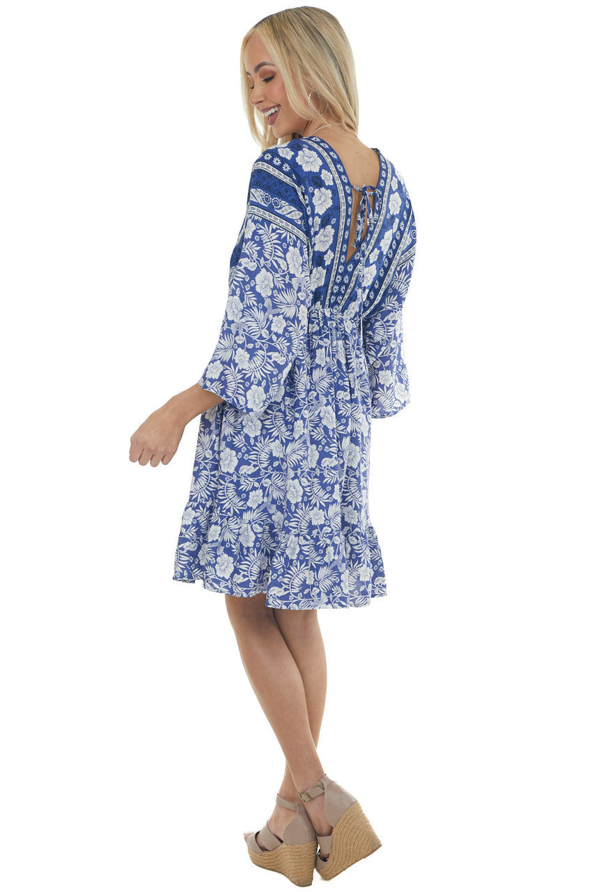 Royal Blue Tropical 3/4 Sleeve Back Tie Dress