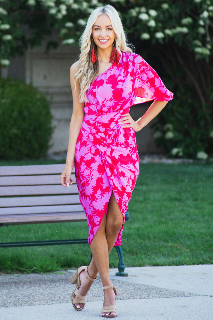 Ruby and Fuchsia Floral One Shoulder Short Woven Dress