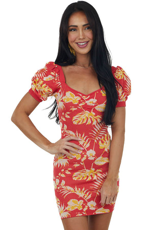 Ruby Tropical Print Puff Sleeve Knit Mini Dress