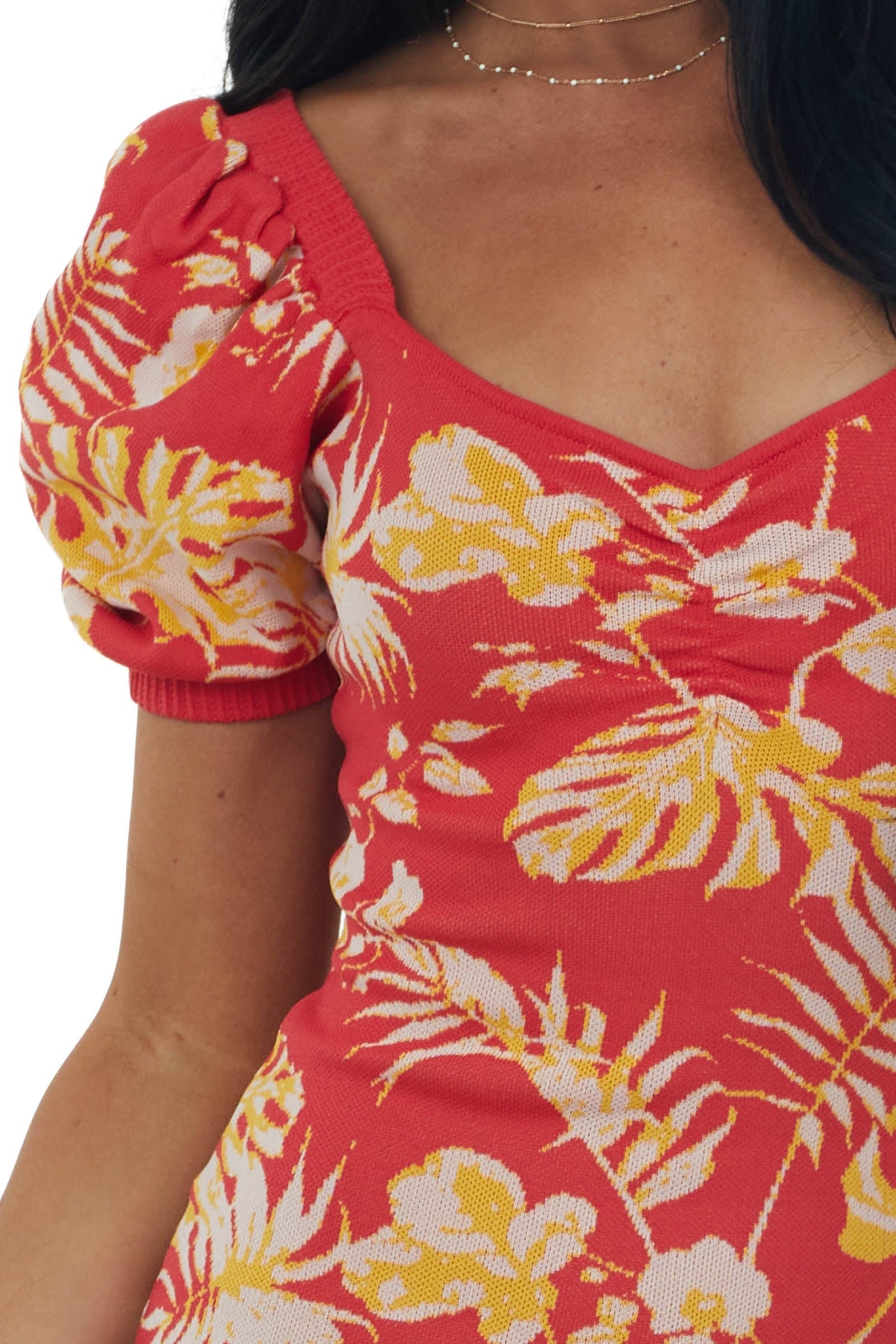Ruby Tropical Print Puff Sleeve Knit Mini Dress