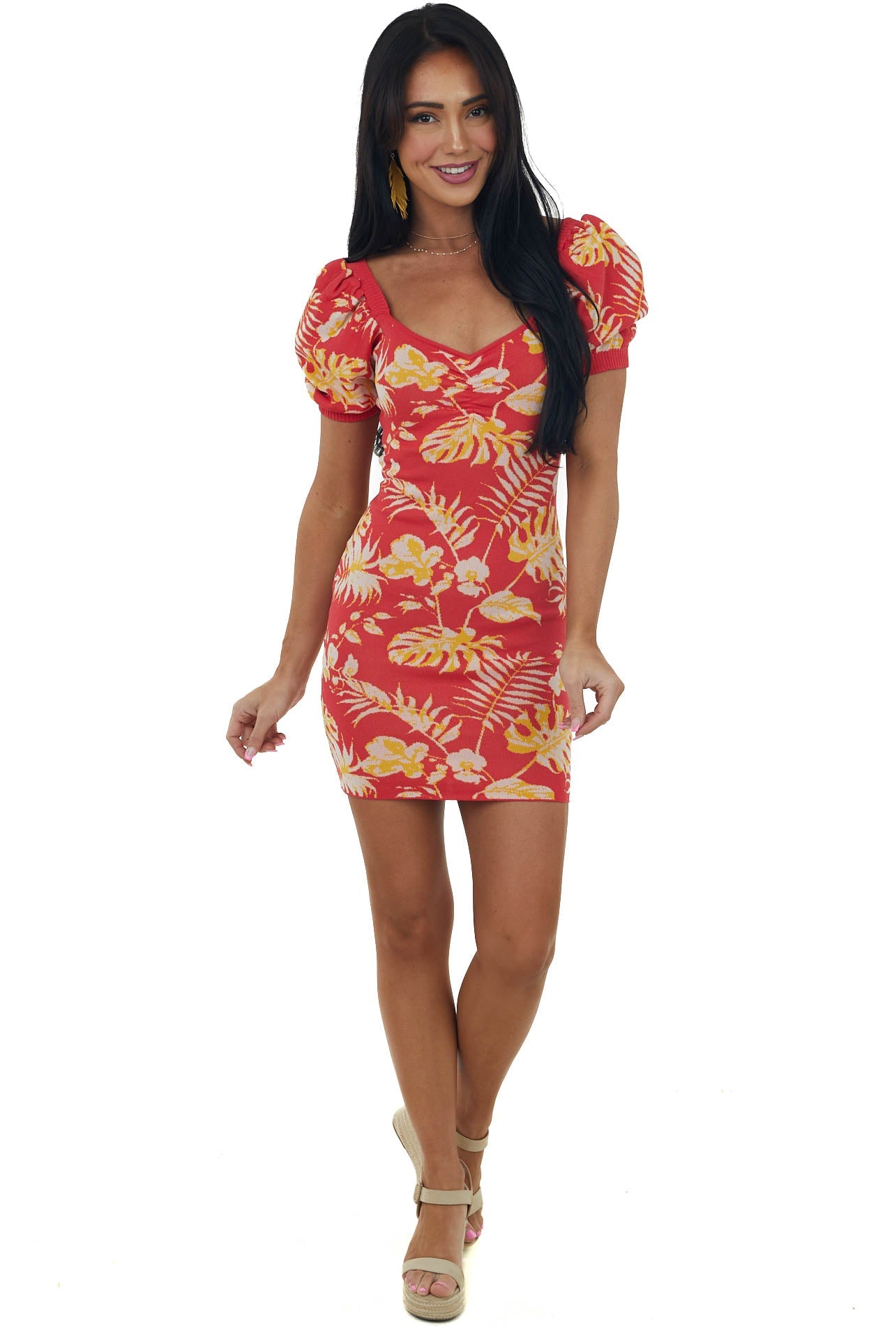 Ruby Tropical Print Puff Sleeve Knit Mini Dress