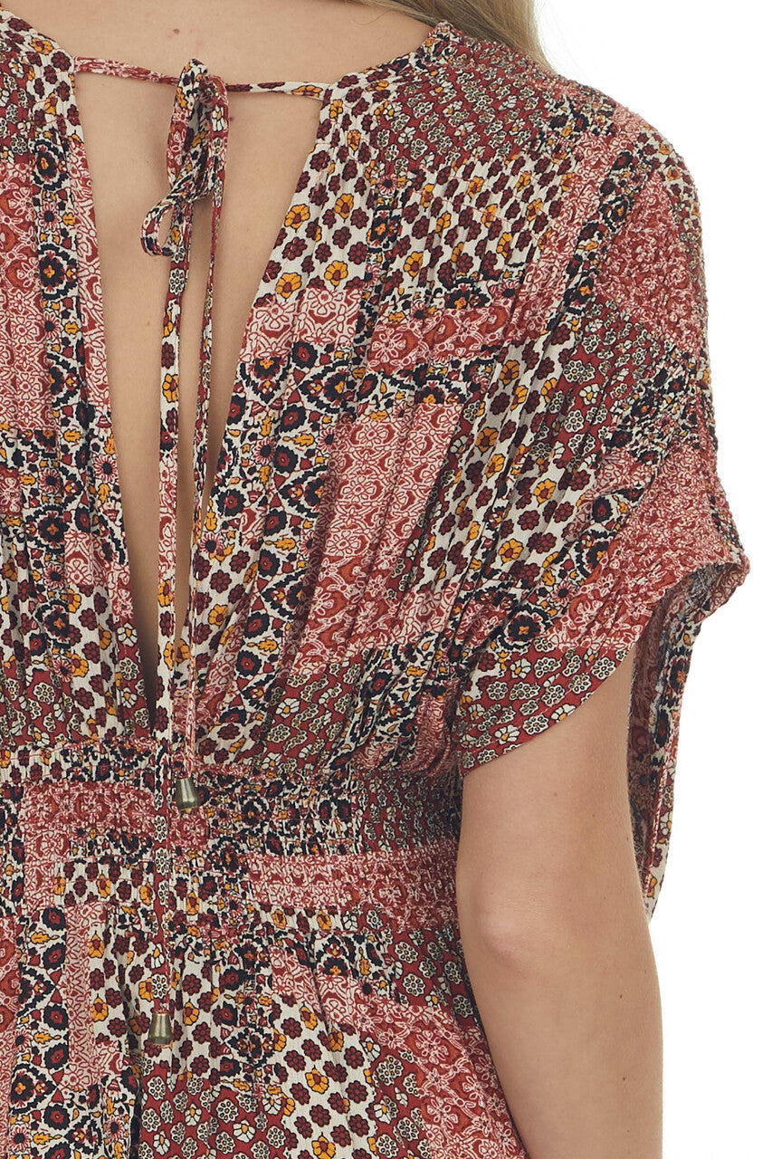 Rust Floral Print Plunging V Neck Short Dress