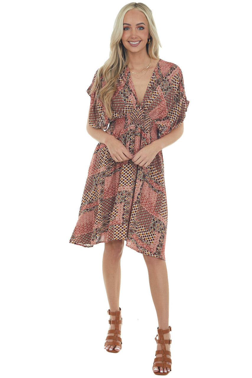 Rust Floral Print Plunging V Neck Short Dress