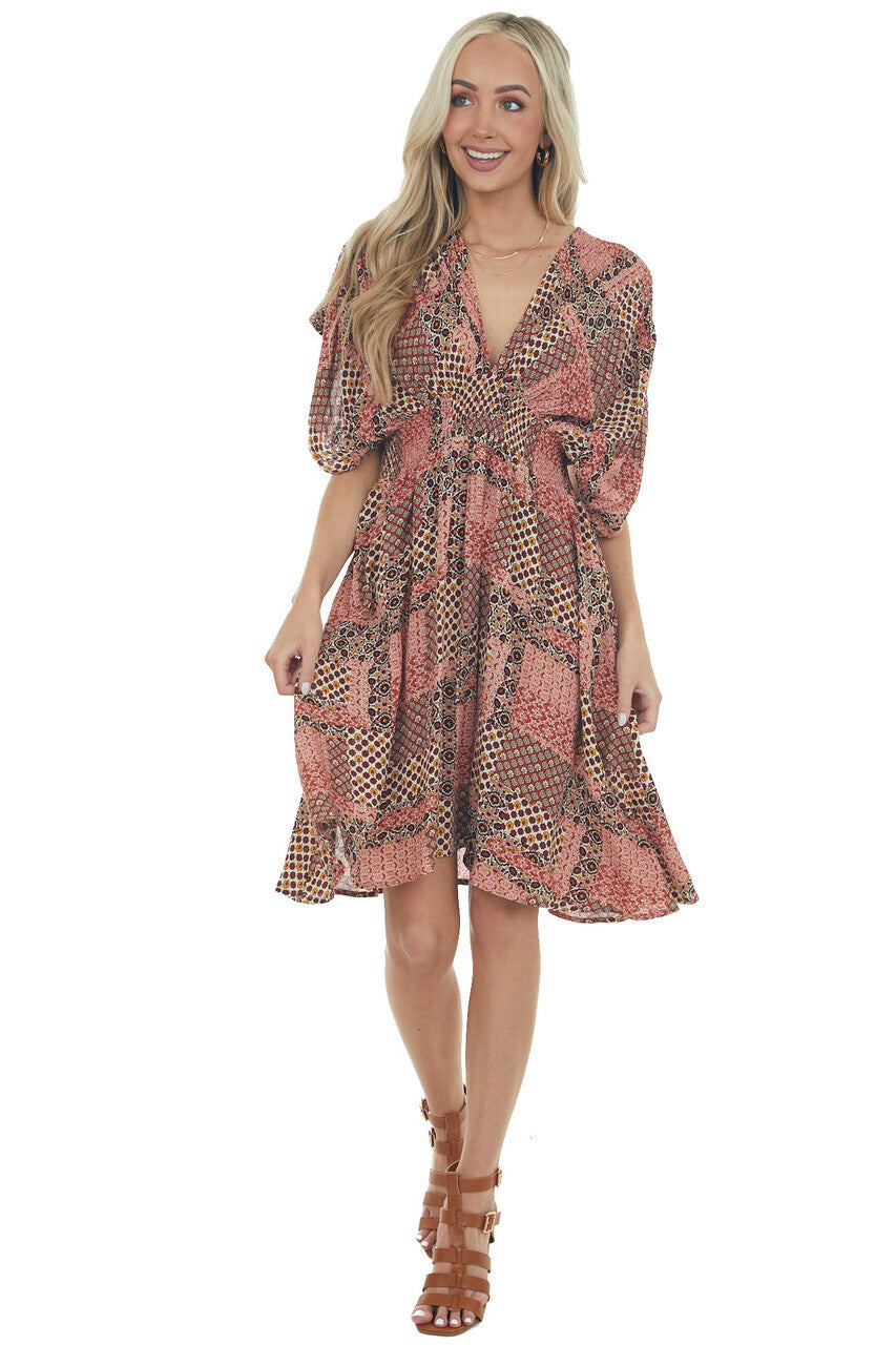 Rust Floral Print Plunging V Neck Short Dress