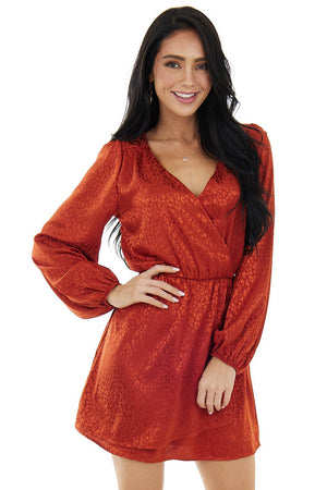 Brick Leopard Print Surplice V Neck Short Dress