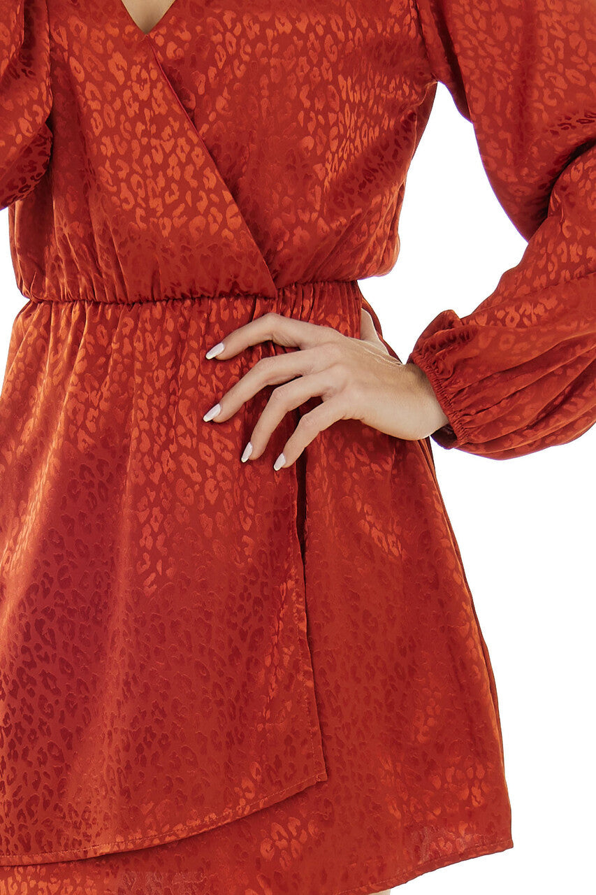 Brick Leopard Print Surplice V Neck Short Dress