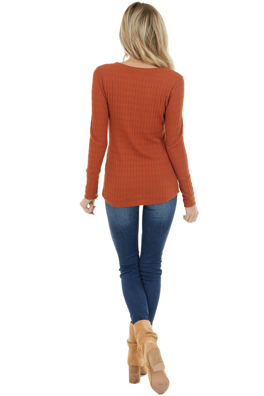 Rust Long Sleeve Ribbed Knit Top with Button Detail