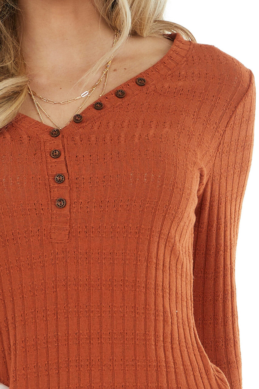 Rust Long Sleeve Ribbed Knit Top with Button Detail