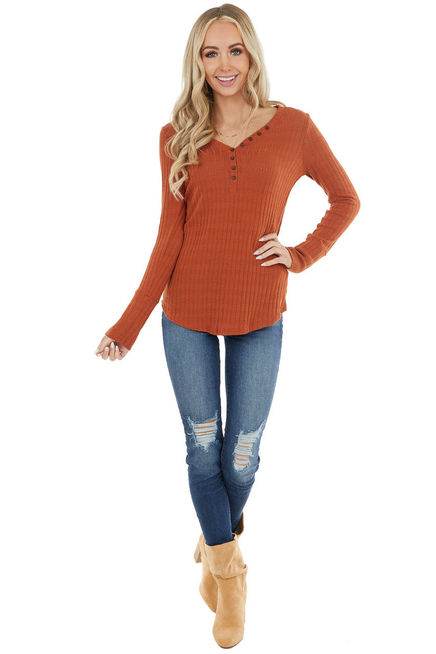 Rust Long Sleeve Ribbed Knit Top with Button Detail