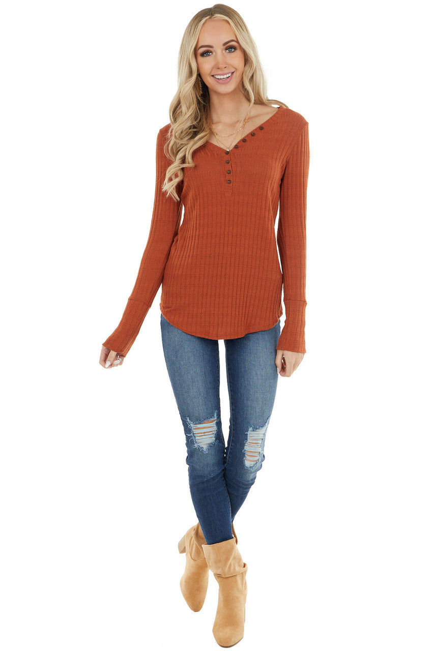 Rust Long Sleeve Ribbed Knit Top with Button Detail