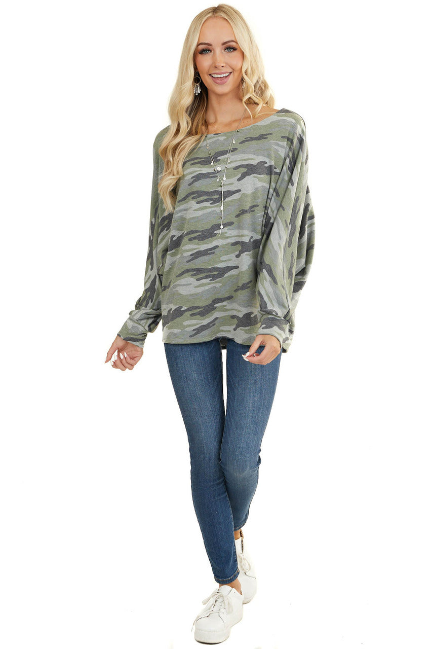 Sage and Grey Camo Knit Top with Long Dolman Sleeves