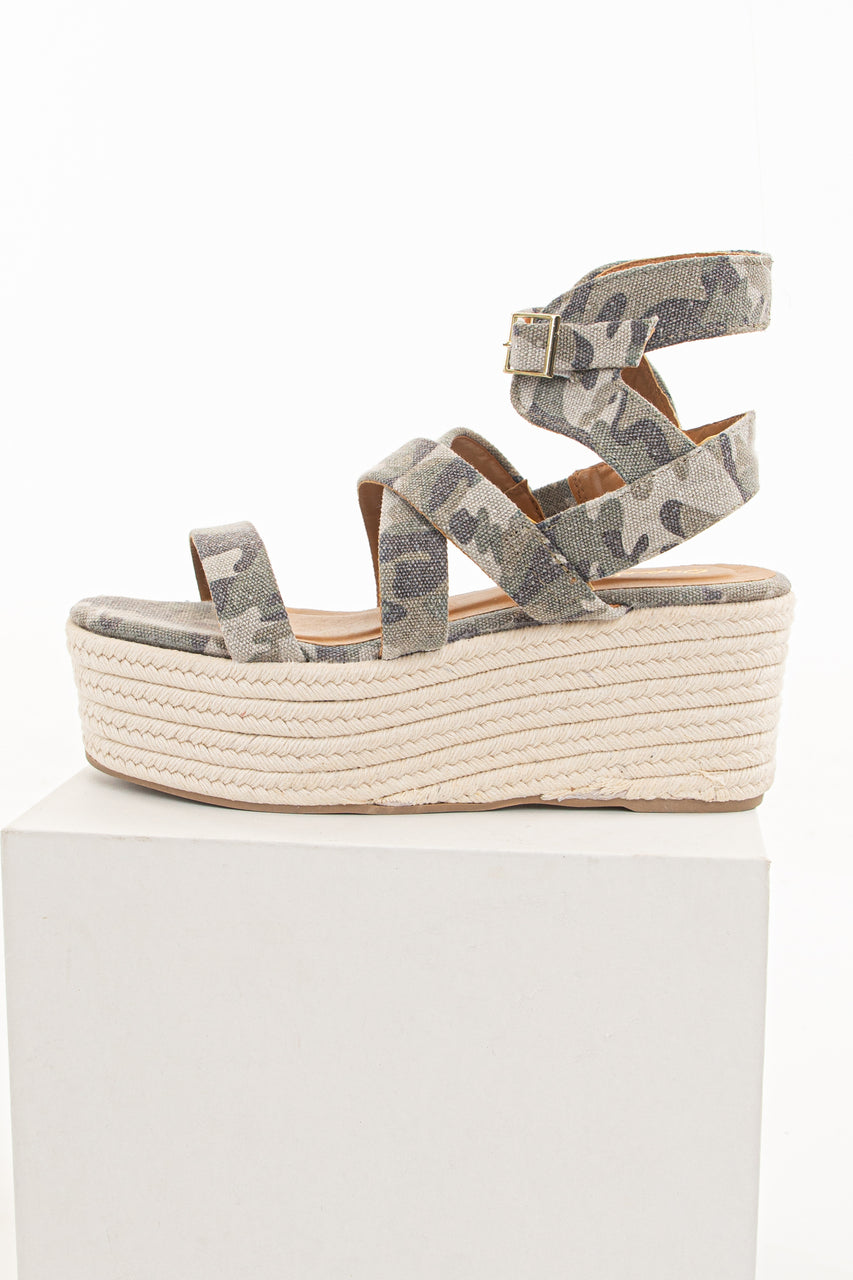 Sage Camo Print Espadrille Platform Sandals with Open Toe 