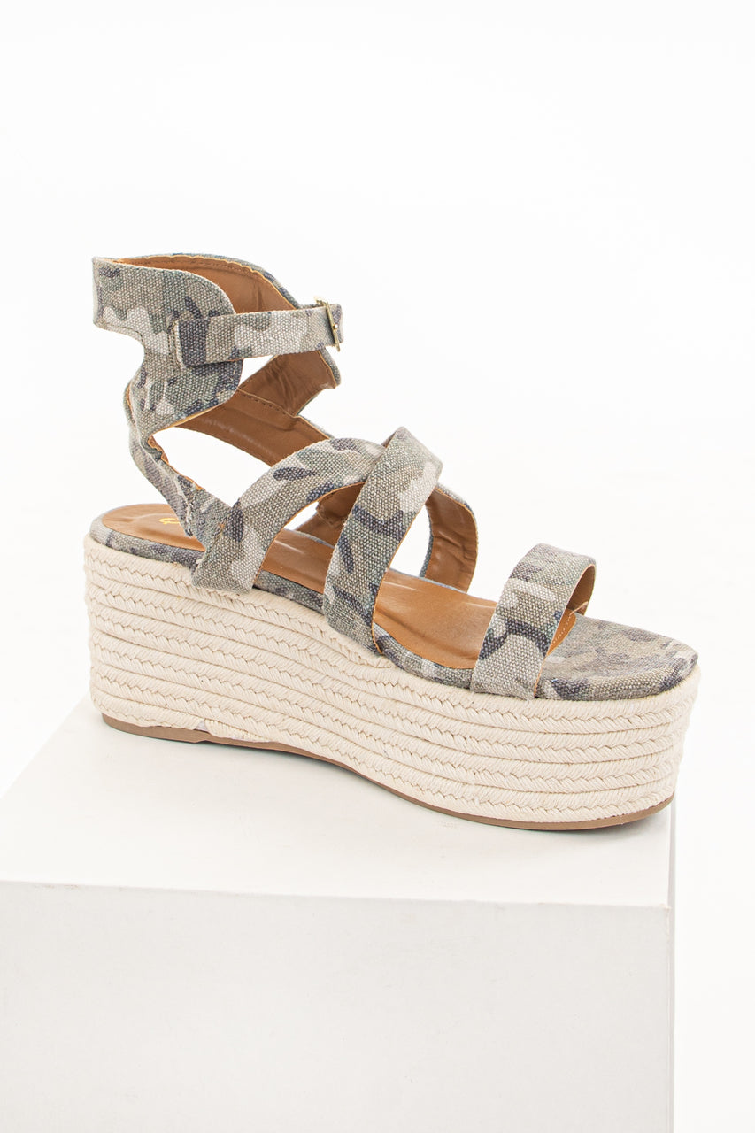 Sage Camo Print Espadrille Platform Sandals with Open Toe 