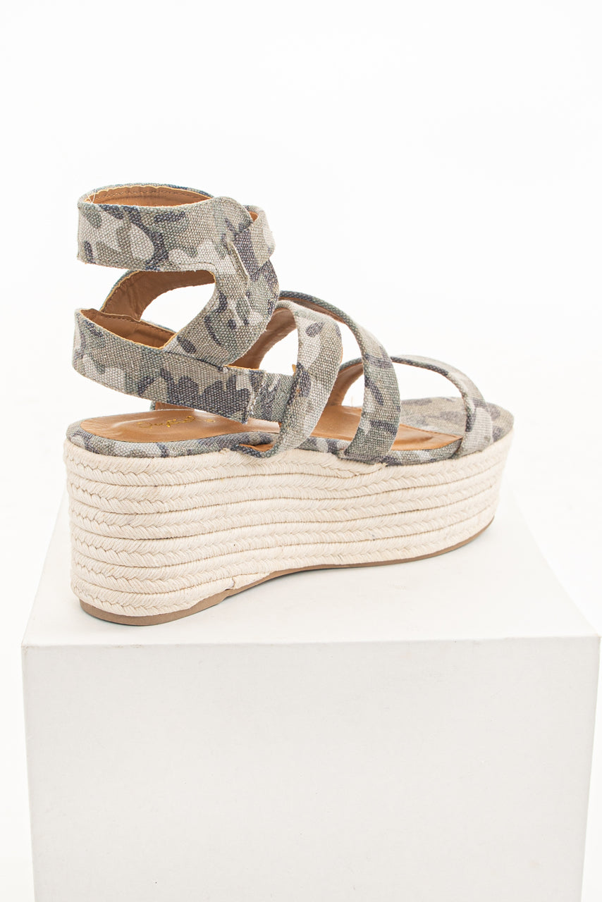 Sage Camo Print Espadrille Platform Sandals with Open Toe 