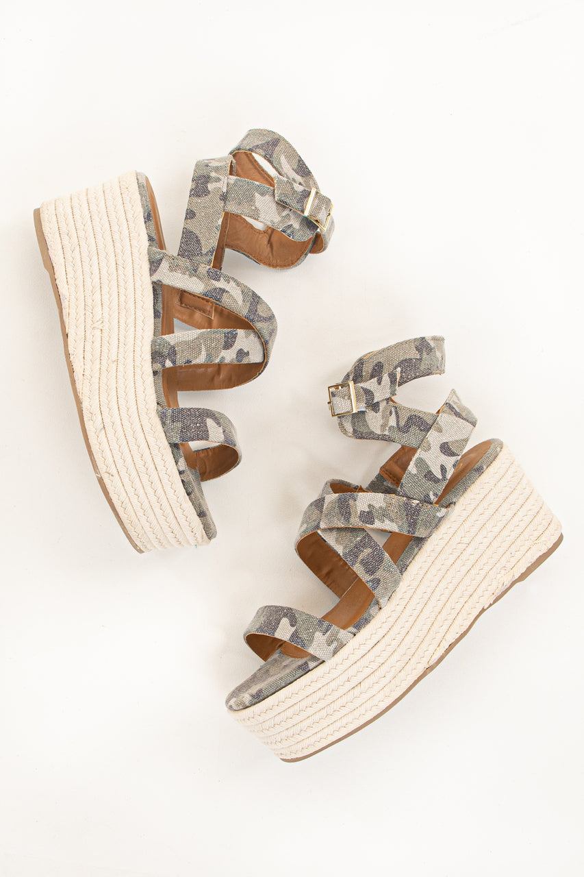 Sage Camo Print Espadrille Platform Sandals with Open Toe 