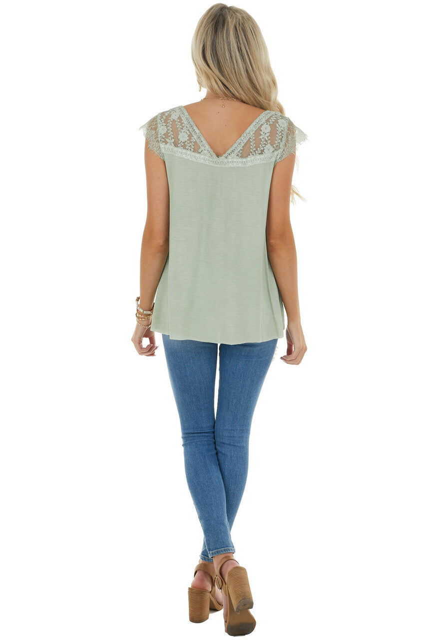 Sage Cap Sleeve Loose Knit Top with Crochet Lace Detail 