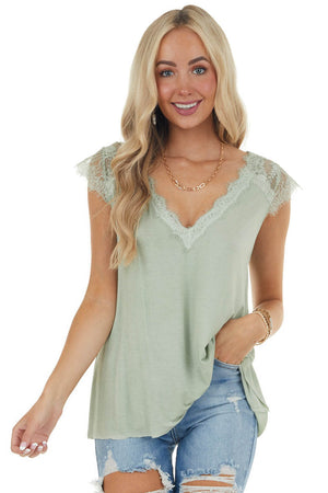 Sage Cap Sleeve Loose Knit Top with Crochet Lace Detail 