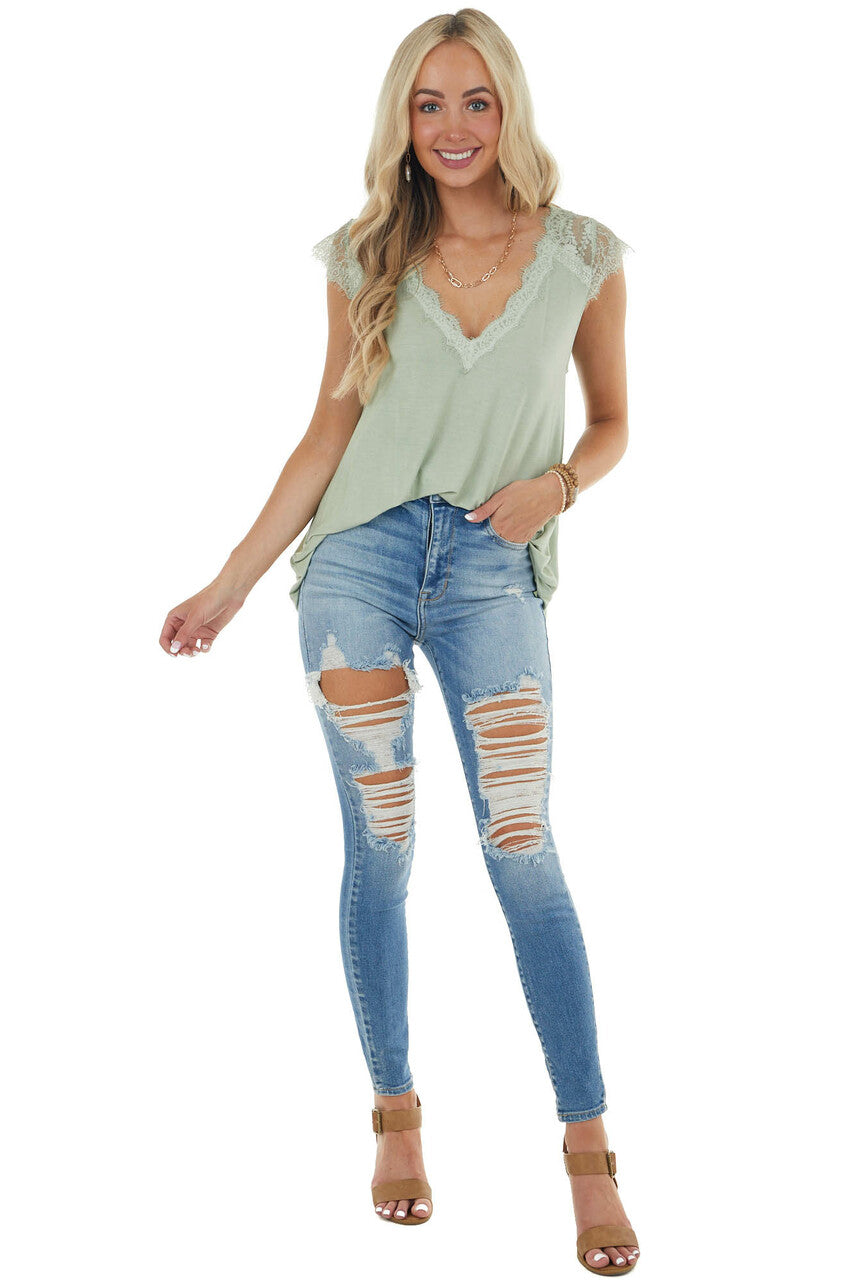 Sage Cap Sleeve Loose Knit Top with Crochet Lace Detail 