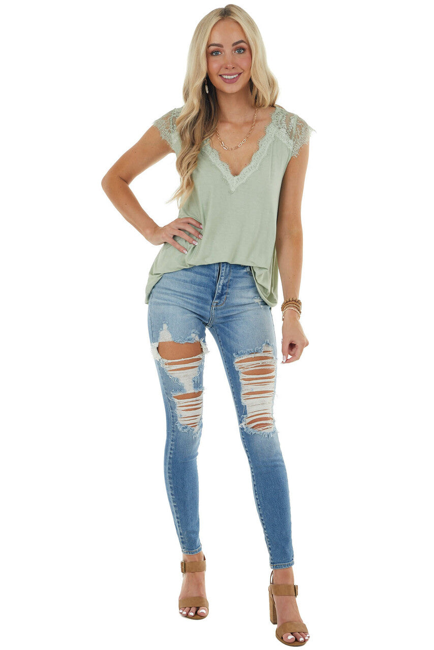 Sage Cap Sleeve Loose Knit Top with Crochet Lace Detail 