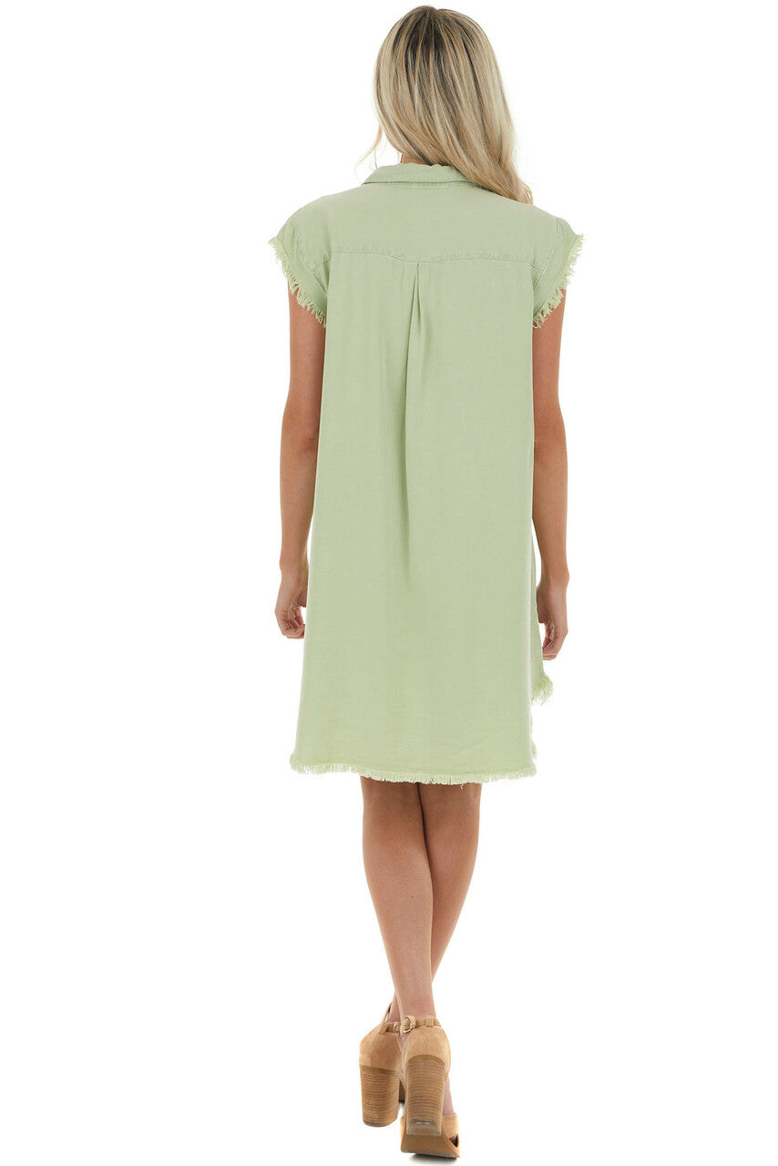Sage Chambray Cap Sleeve Shirt Dress with Frayed Edges