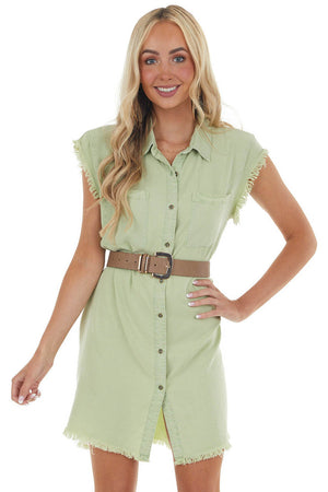 Sage Chambray Cap Sleeve Shirt Dress with Frayed Edges