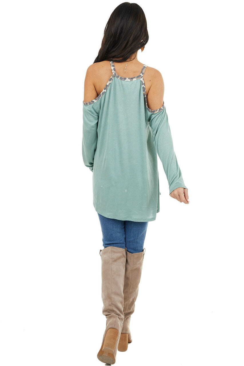 Sage Cold Shoulder Long Sleeve Top with Leopard Print