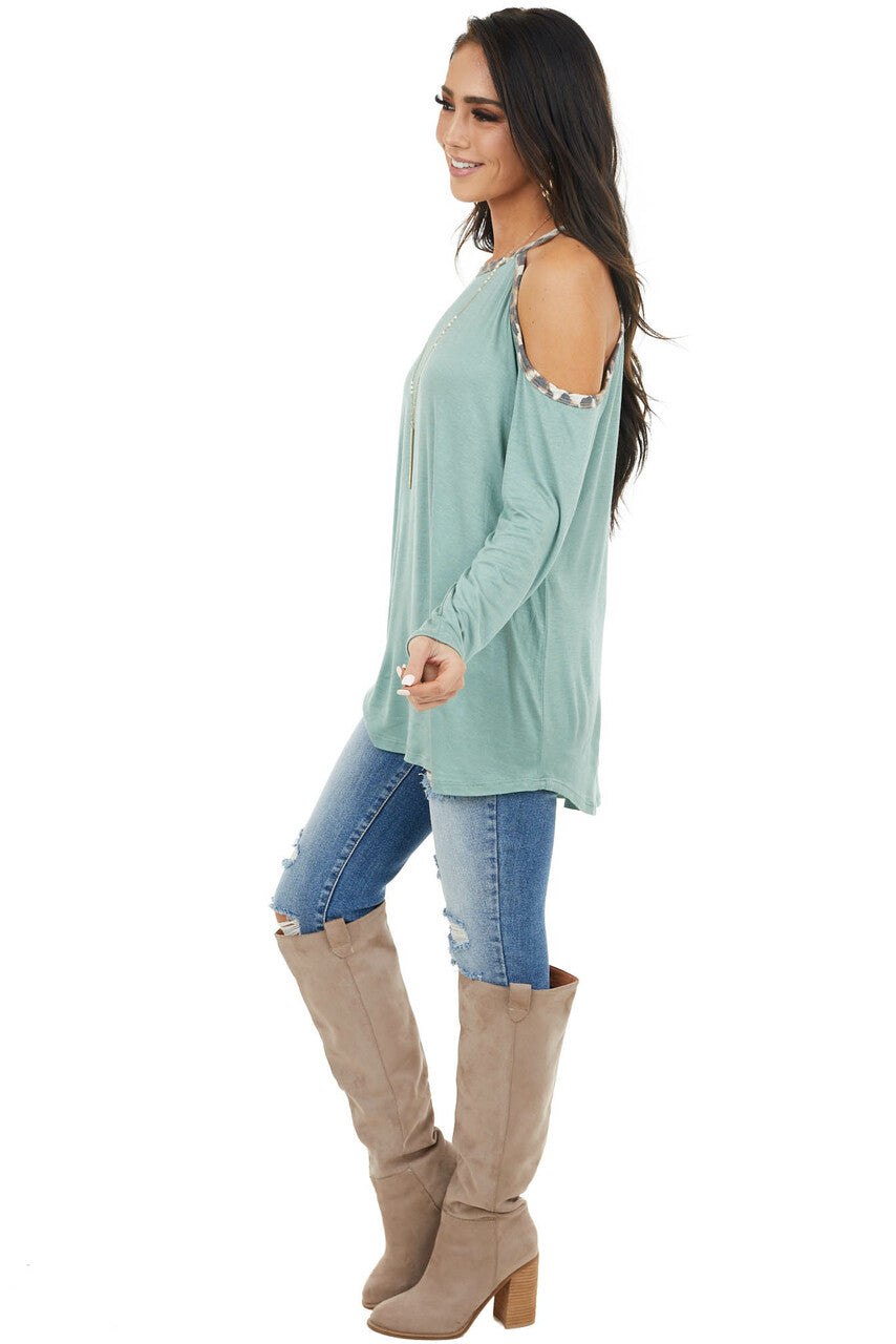 Sage Cold Shoulder Long Sleeve Top with Leopard Print