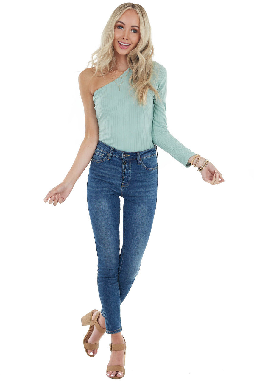 Sage Fitted One Shoulder Stretchy Ribbed Knit Top