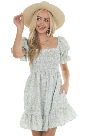 Sage Floral Half Puff Sleeve Smocked Dress