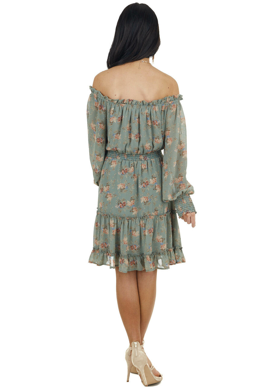 Sage Floral Print Off the Shoulder Short Woven Dress