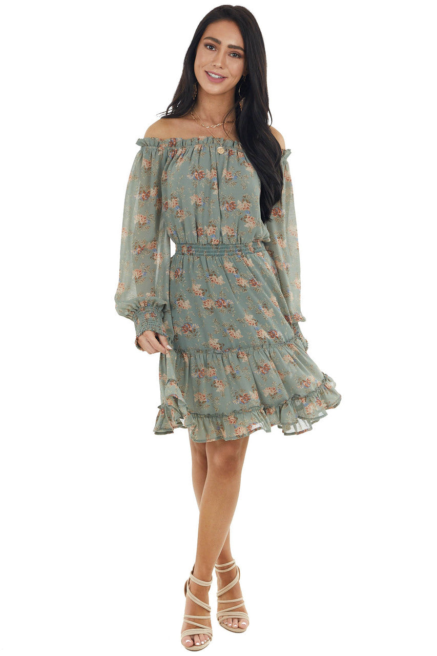 Sage Floral Print Off the Shoulder Short Woven Dress