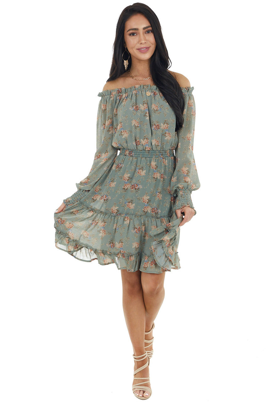 Sage Floral Print Off the Shoulder Short Woven Dress