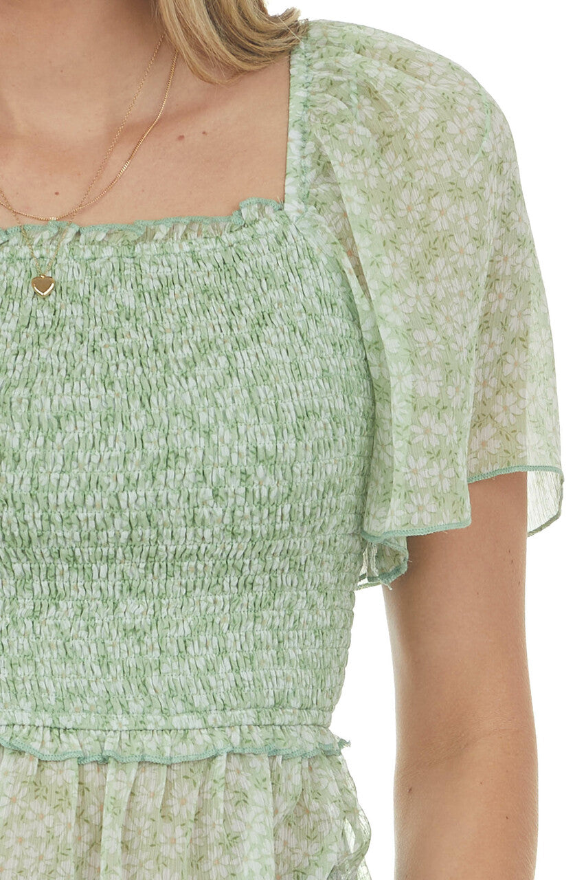 Sage Floral Print Smocked Peplum Woven Blouse