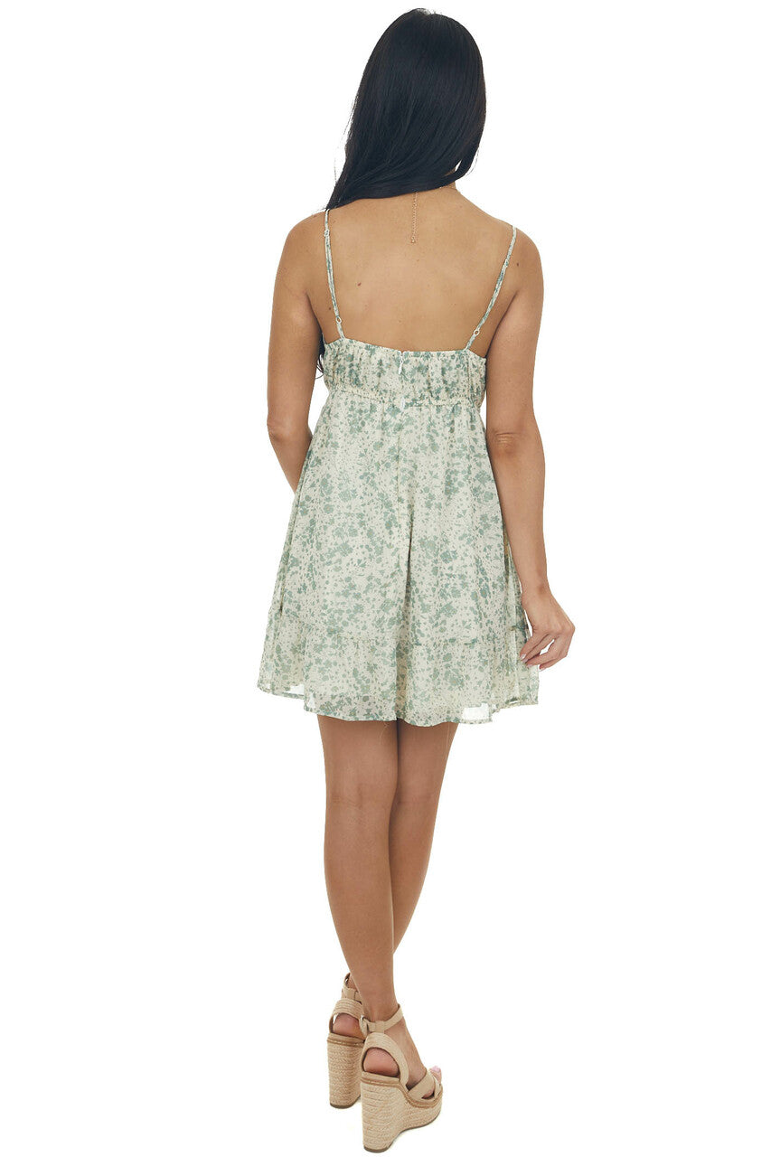 Sage Floral Ruched Sleeveless Mini Dress