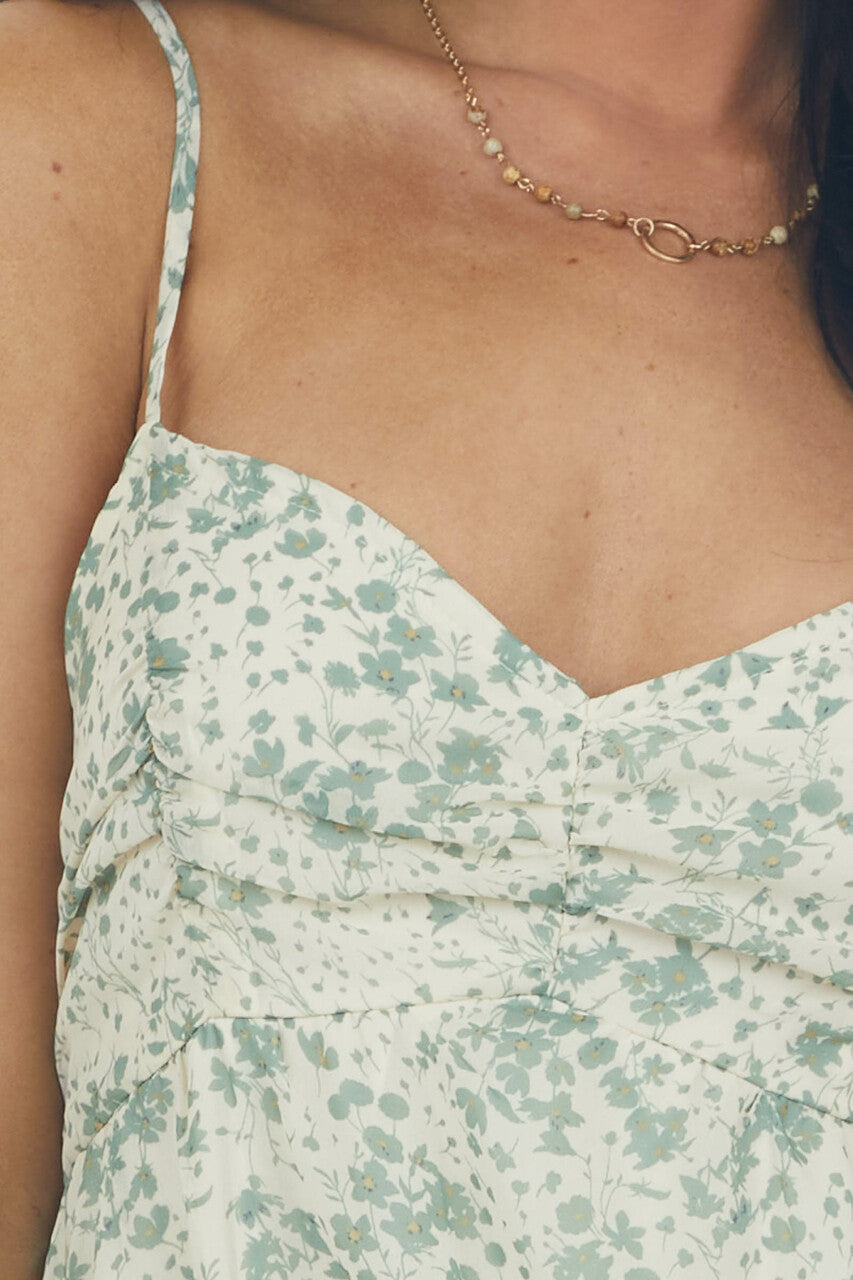 Sage Floral Ruched Sleeveless Mini Dress 