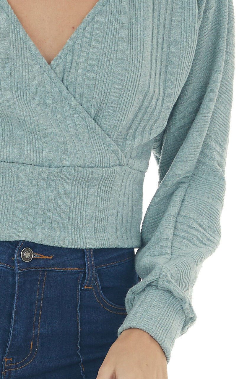 Sage Long Sleeve Surplice Cropped Ribbed Top