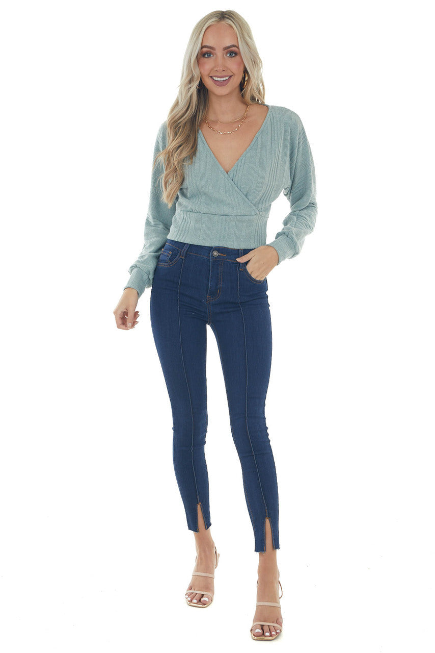 Sage Long Sleeve Surplice Cropped Ribbed Top