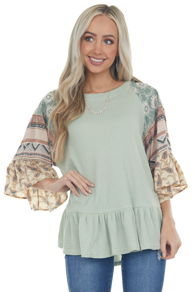 Sage Multiprint Ruffled Hem Waffle Knit Top 