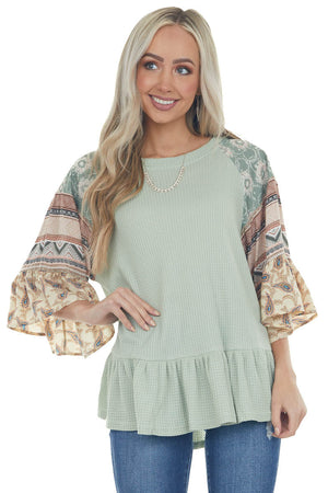 Sage Multiprint Ruffled Hem Waffle Knit Top 