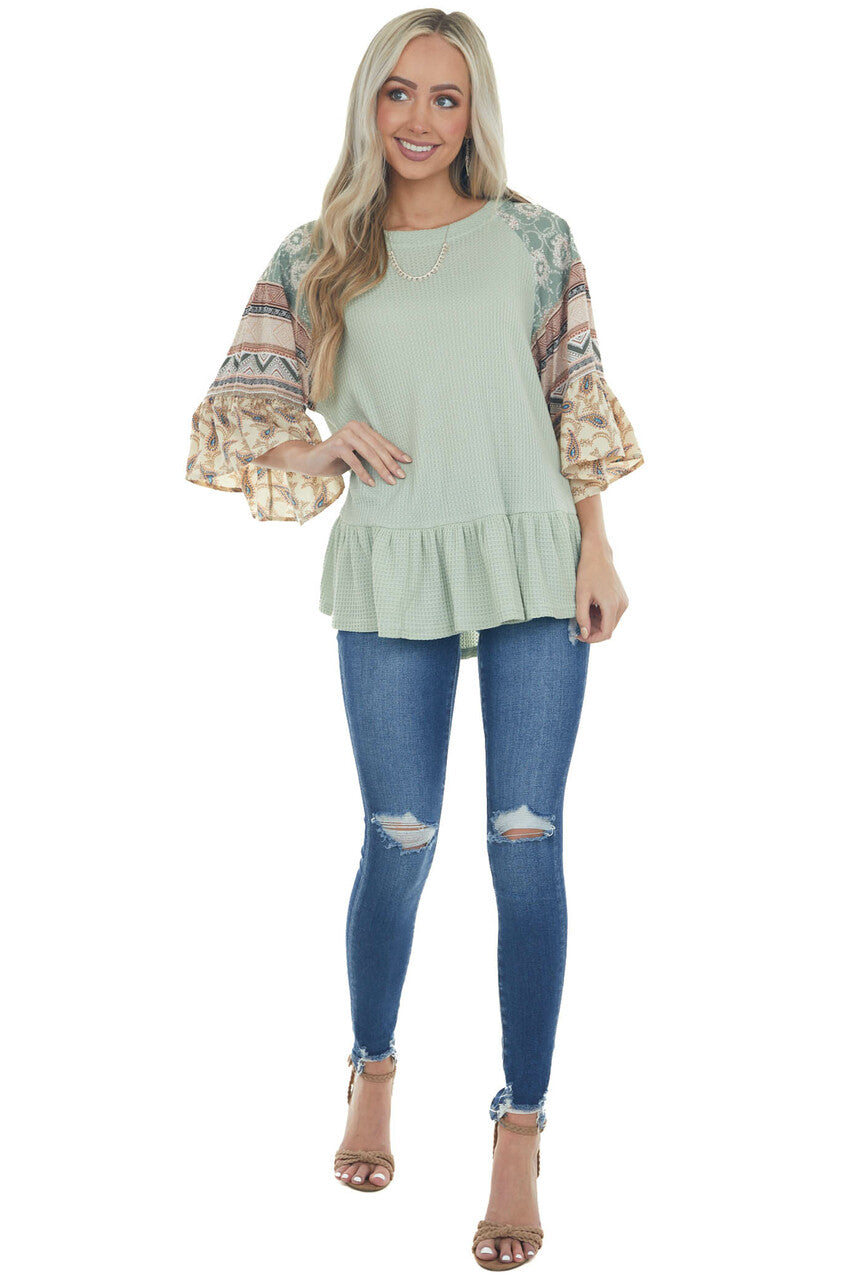 Sage Multiprint Ruffled Hem Waffle Knit Top 